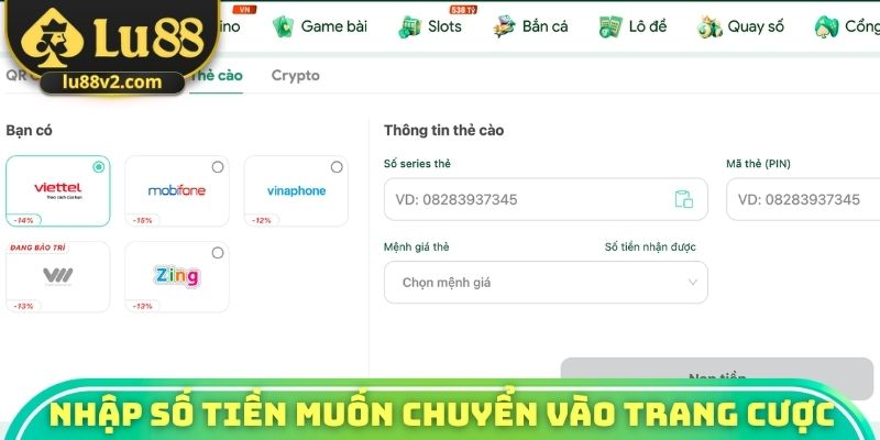 Nhập số tiền muốn chuyển vào trang cược